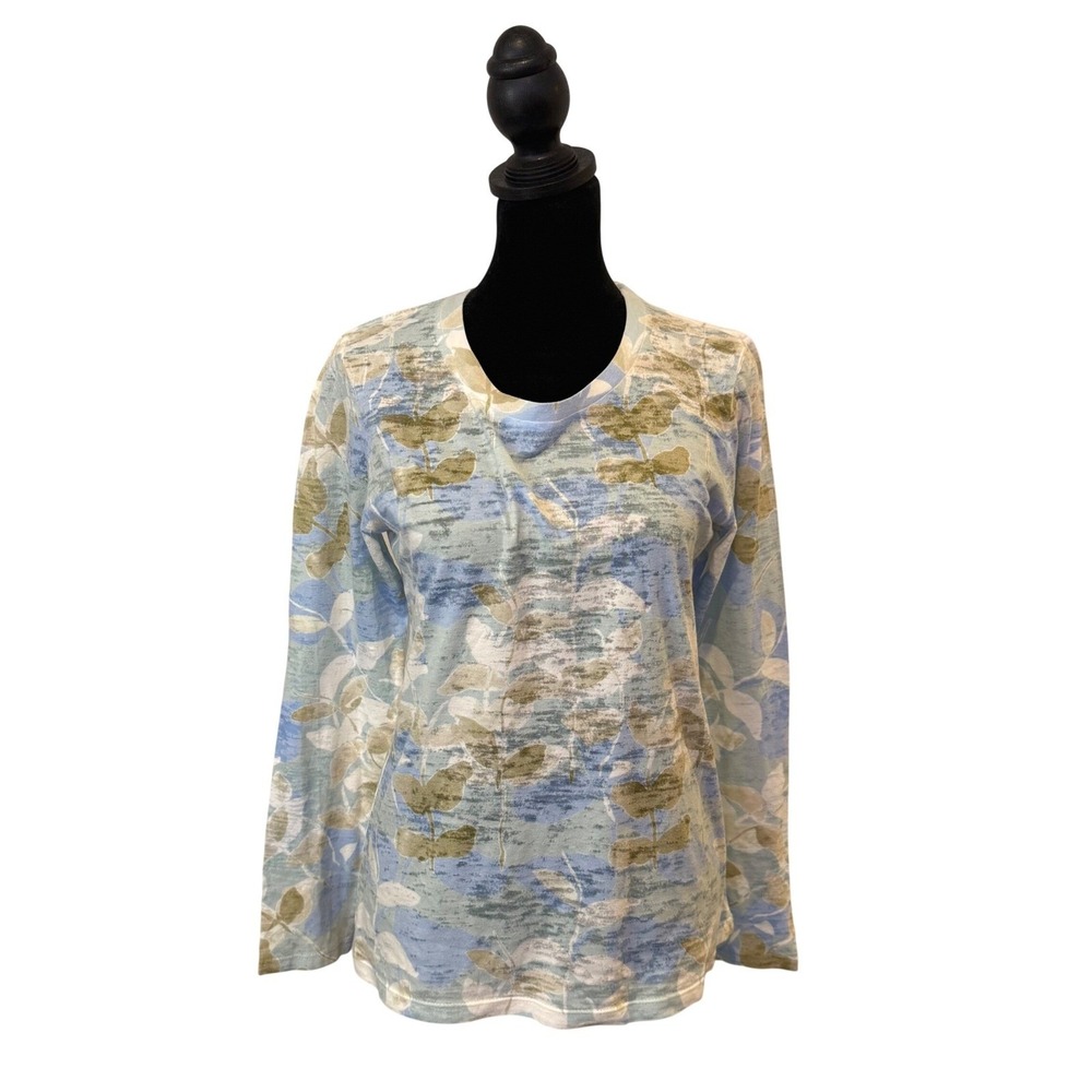 Before Again Artsy Leaf Print Top Slub Knit Burnout Pastel Blue Size S Layering